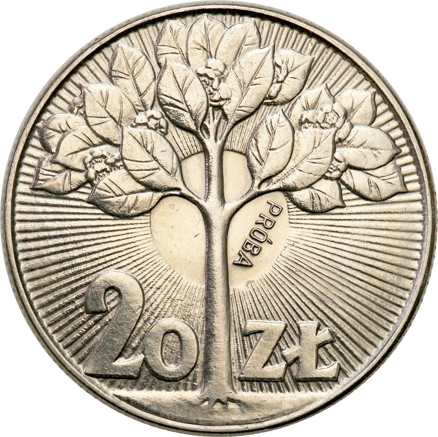 PRL. PRÓBA Nikiel 20 złotych 1973 - drzewo